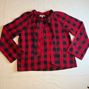Madewell Women's Red Black Plaid Tie Neck Long Sleeve Blouse Size XXS